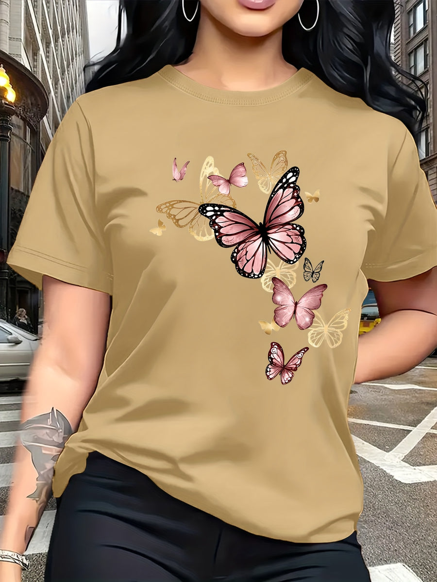 Watercolor Style Butterfly Pattern Print, Fashion Breathable T-Shirt, Family Travel, Campus, Casual, Daily Commute, Sisters' Matching Outfit, Versatile T-Shirt - Khaki