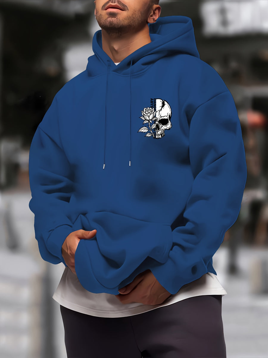 New Trendy Men'S Autumn And Winter Hooded Sweatshirt, Casual Everyday Drawstring Hoodie with Creative Design Print, Kangaroo Pouch Front Pocket, Unisex Tops - Peacock Blue