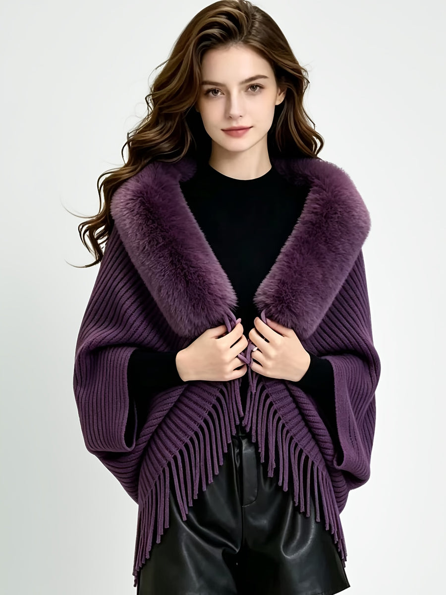 Women'S Cardigan, Autumn Winter Fashion Faux Tassel Cape Scarf Jacket - Lightweight Warm Outerwear for Parties, Office, Casual Wear - Elegant Autumnal Accessory, Trendy Scarf, Office Essential, Holiday Gift - Purple