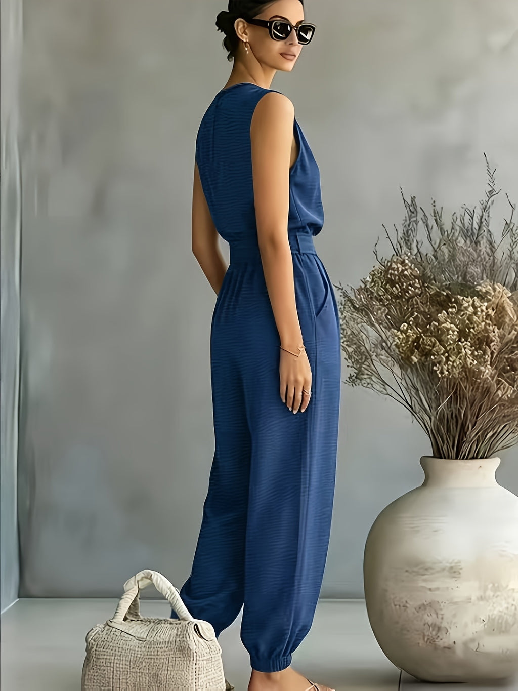 2026 Spring/Summer Women'S Bohemian Style Lightweight Breathable Sleeveless Tie-Up Ankle-Cinching Wide-Leg Jumpsuit. Commute Style, Beach/Office/Weekend Multi-Scene Wear - Navy Color