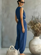 2026 Spring/Summer Women'S Bohemian Style Lightweight Breathable Sleeveless Tie-Up Ankle-Cinching Wide-Leg Jumpsuit. Commute Style, Beach/Office/Weekend Multi-Scene Wear - Navy Color
