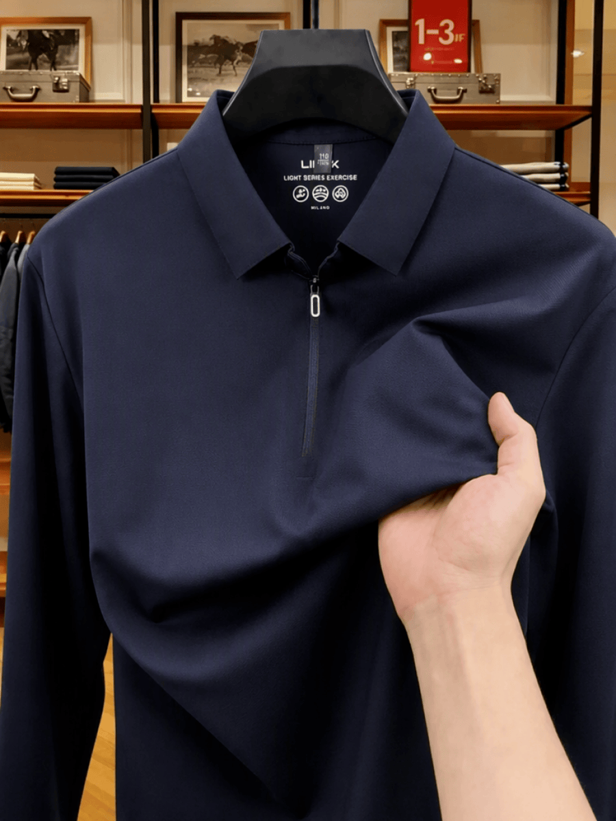 Men'S Thin Loose Zip Collar Lapel Long Sleeve Polo Shirt Skin-Friendly Non-Iron Business Casual Top for Spring Autumn Daily Commute Layering Outfit for Middle-Aged Dad, Suitable for Golf, Fishing, Tennis, Outdoor Sports - Navy Color