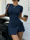 Women's Fashion Outdoor Yoga Running Pilates Commuting Dating Beach Daily Essential Stretchy Sexy Comfortable Casual Short-Sleeve Backless Navel-Control Butt-Lifting Shaping Skin-Beautifying Waist-Defining Youthful Vitality Fitness Dress - Navy Color