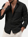 Men'S Multicolor Dress Shirt Multi-Pocket Casual Long Sleeve Top - Black
