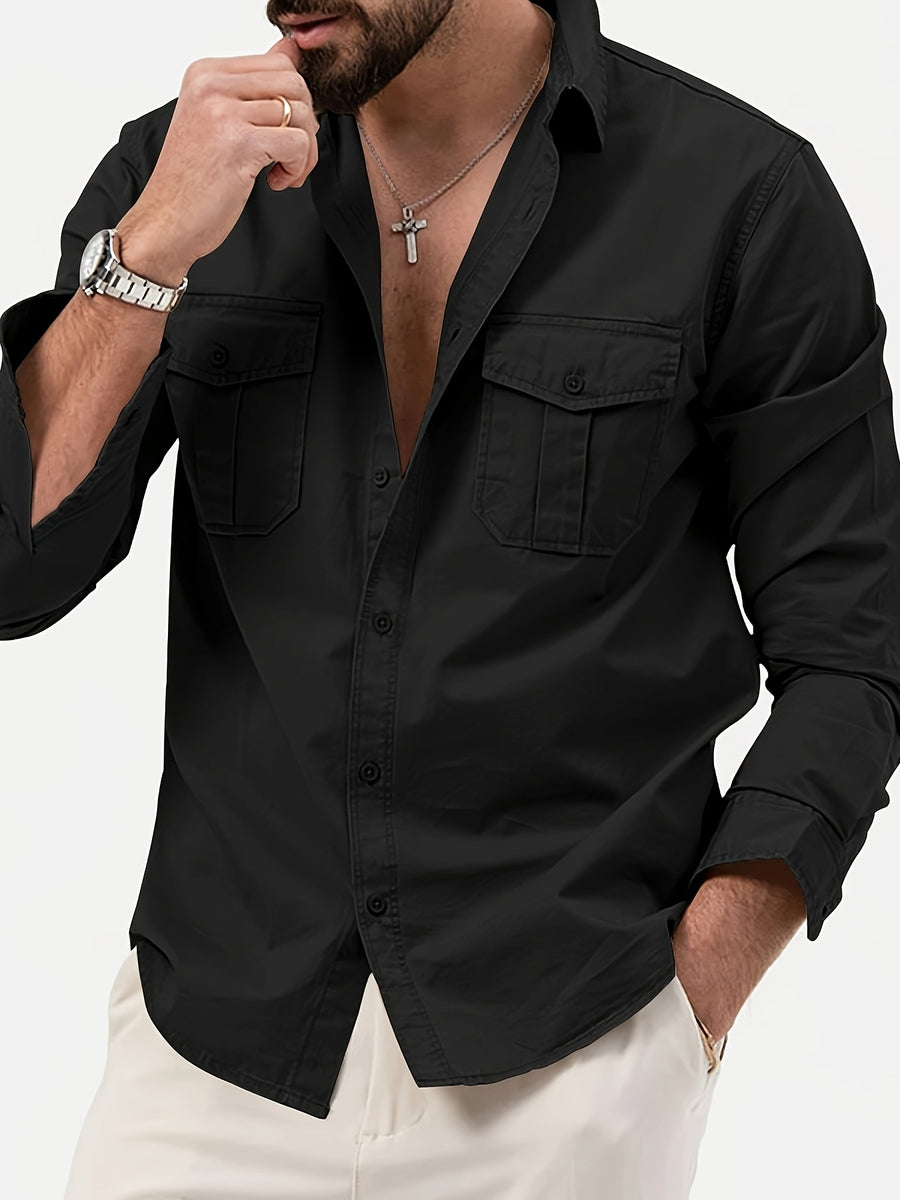 Men'S Multicolor Dress Shirt Multi-Pocket Casual Long Sleeve Top - Black