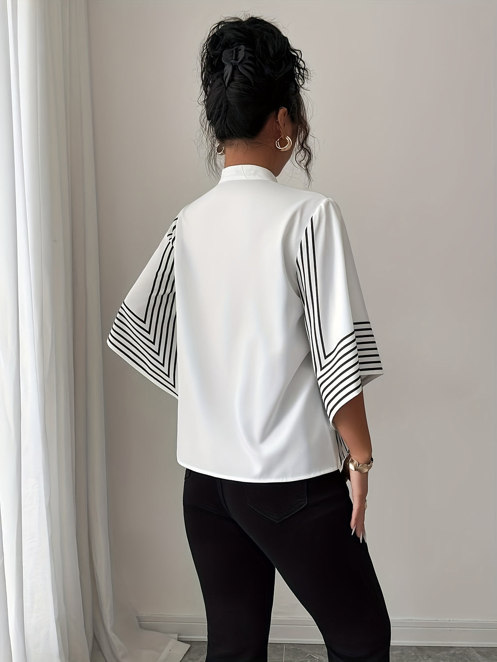 A French Elegant Shirt with a Stand Collar, Digital Prints, Geometric Lines, And Asymmetrical Cuffs, Perfect for Vacation in Spring And Summer - White