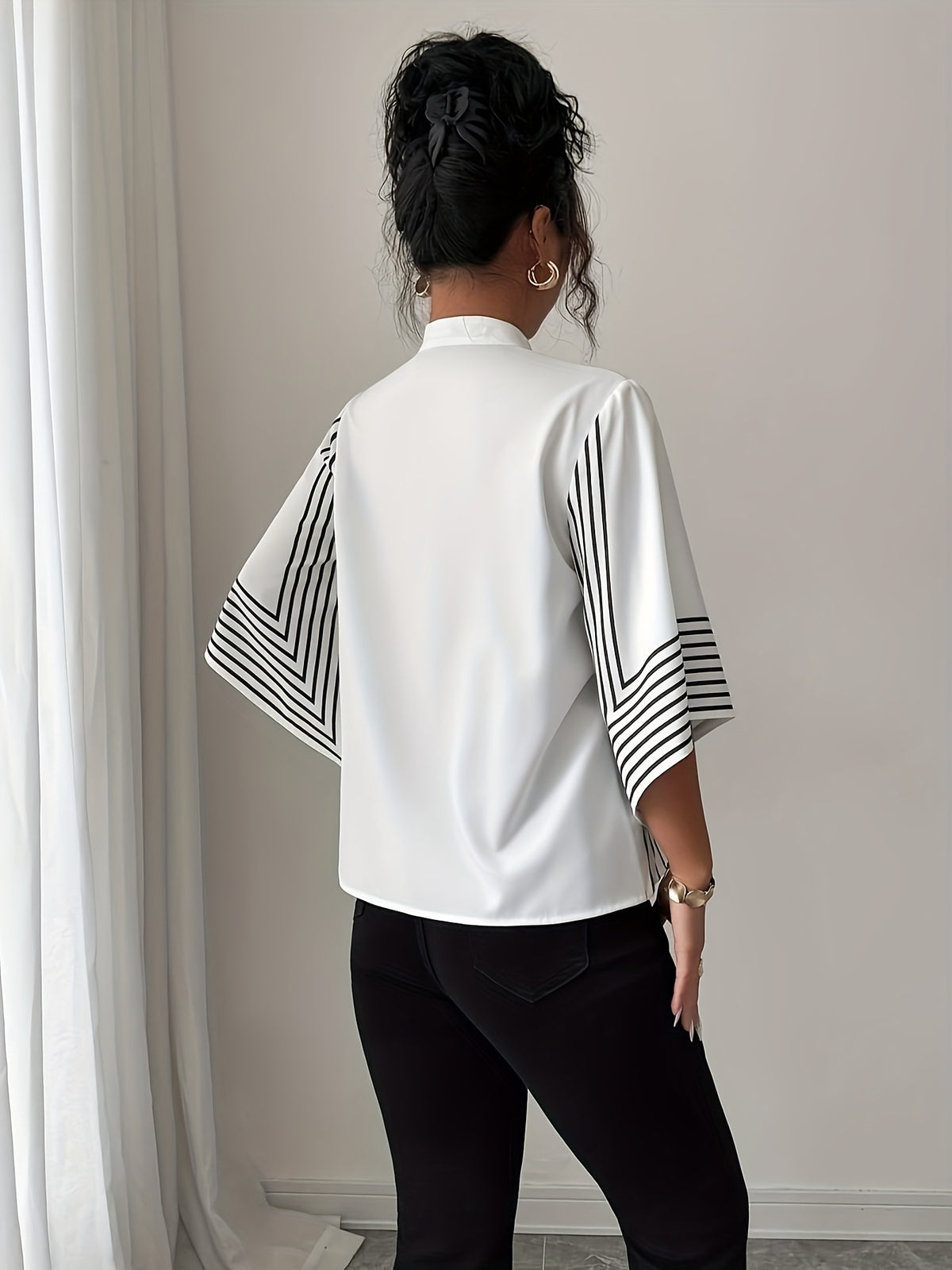 A French Elegant Shirt with a Stand Collar, Digital Prints, Geometric Lines, And Asymmetrical Cuffs, Perfect for Vacation in Spring And Summer - White