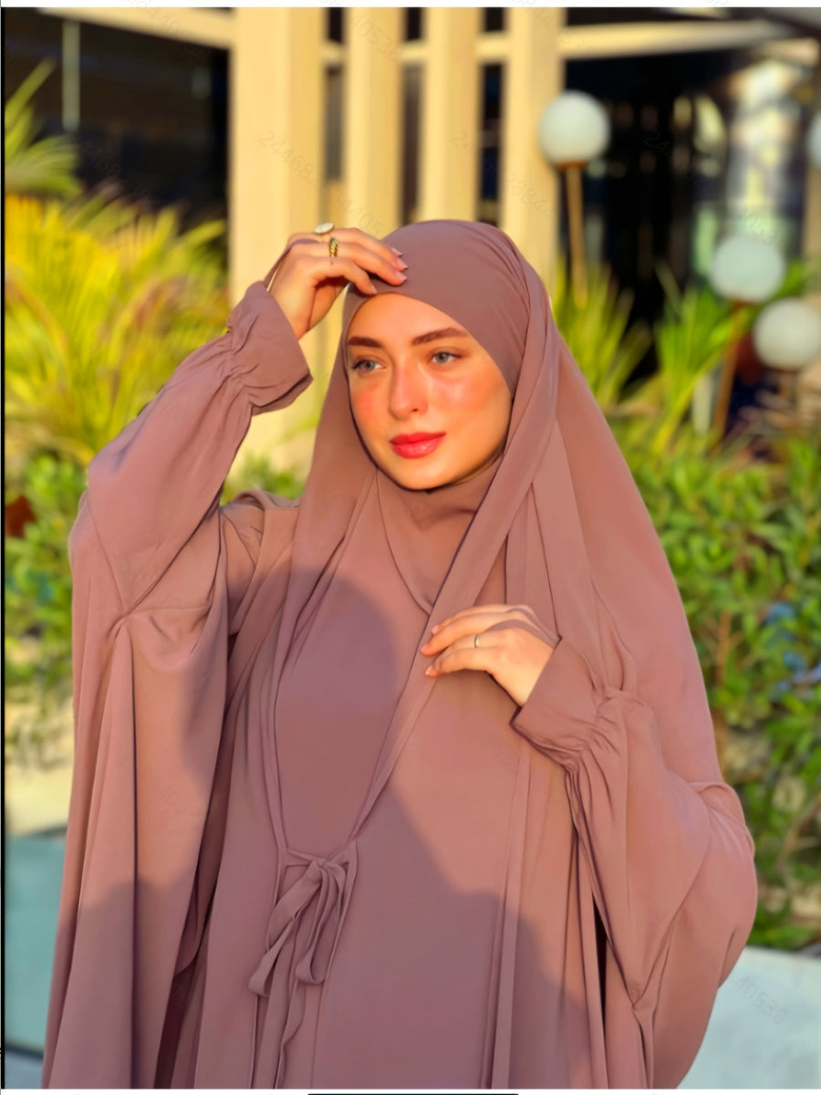 New Cross-Border Middle East Solid Color Women's Lace-Up Abaya 2pcs Set with Large Headscarf, Arabic Style P302 - Rust