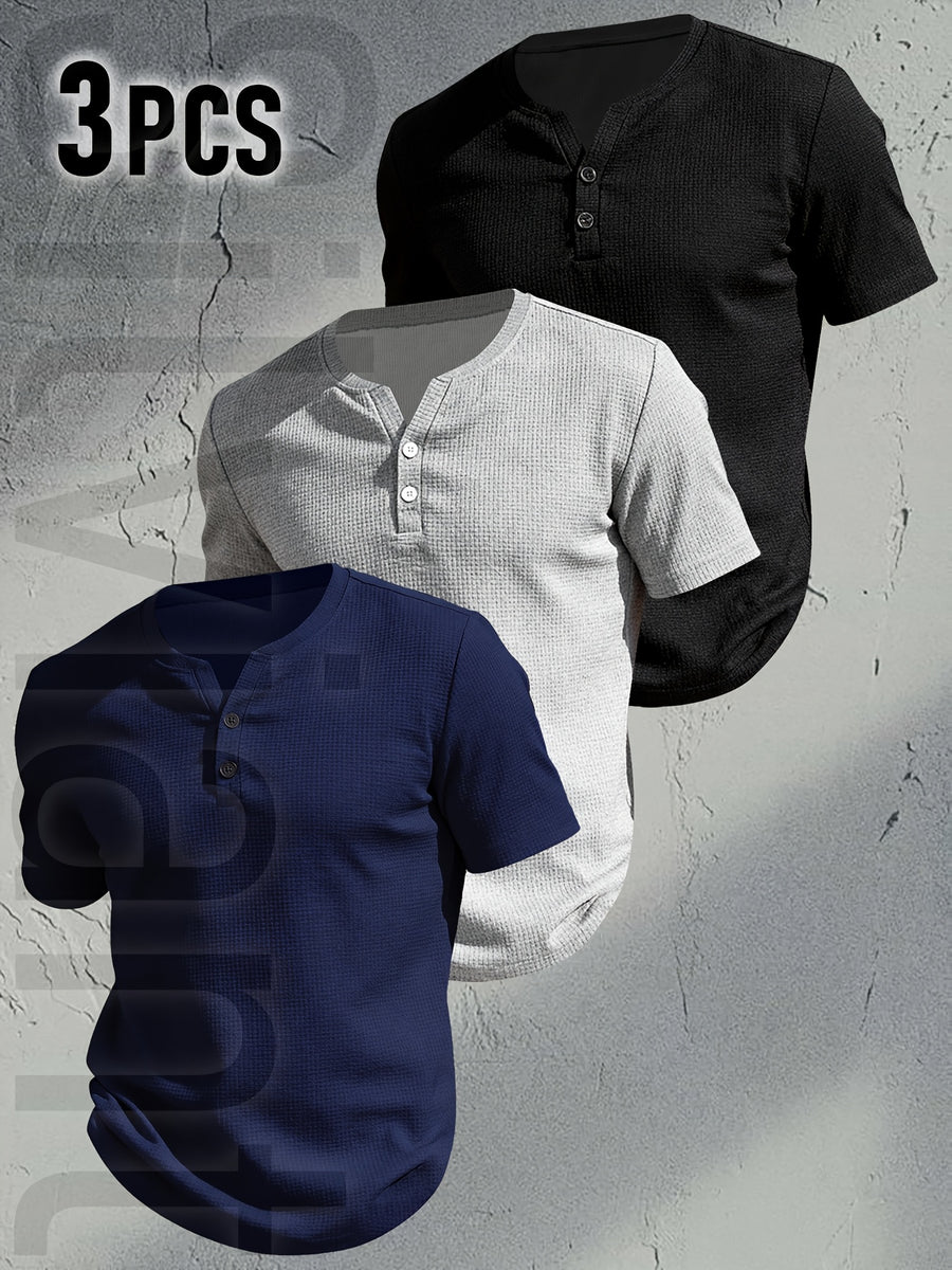 [Josh Mei OBM] 3pcs Men'S Henley Short Sleeve T-Shirt, Breathable Waffle Knit Casual Tee, Button Front Summer Top, Lightweight Solid Color Round Neck, Machine Washable for Daily Wear - Multicolor 6