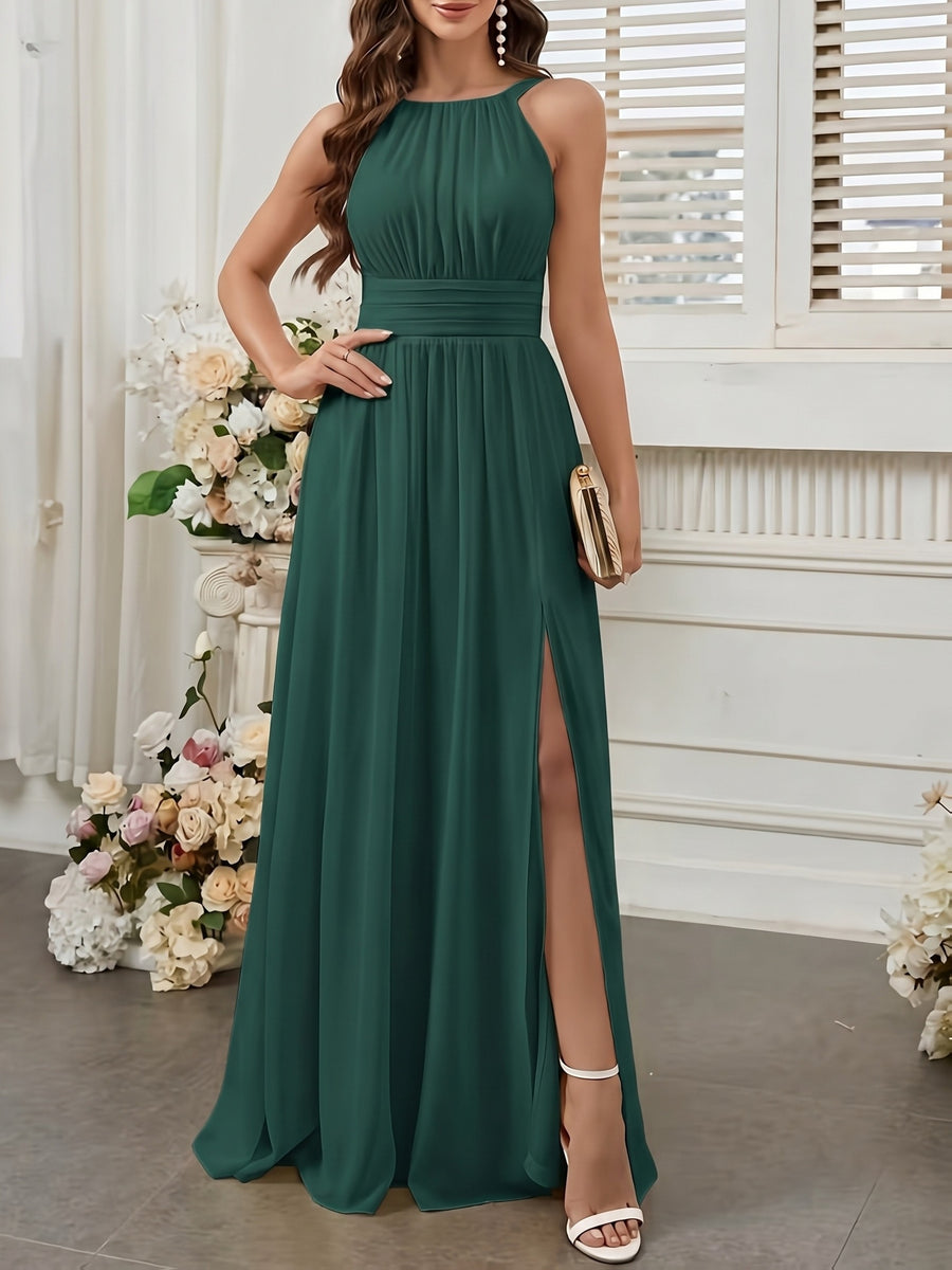 Solid Color Long Dress with Thin Spaghetti Straps, Pleated Detail, and Slit. Suitable for Weddings, Evening Banquets, Balls, Parties, Vacations, and Afternoon Tea Dates - Dark Green