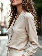 Women'S Solid V-Neck Long Sleeve Commuter Shirt - Apricot