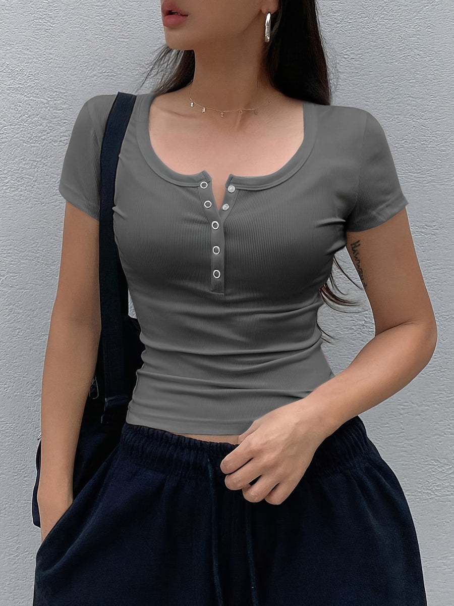 Women's Solid Color Low-Neck Short Sleeve - Grey