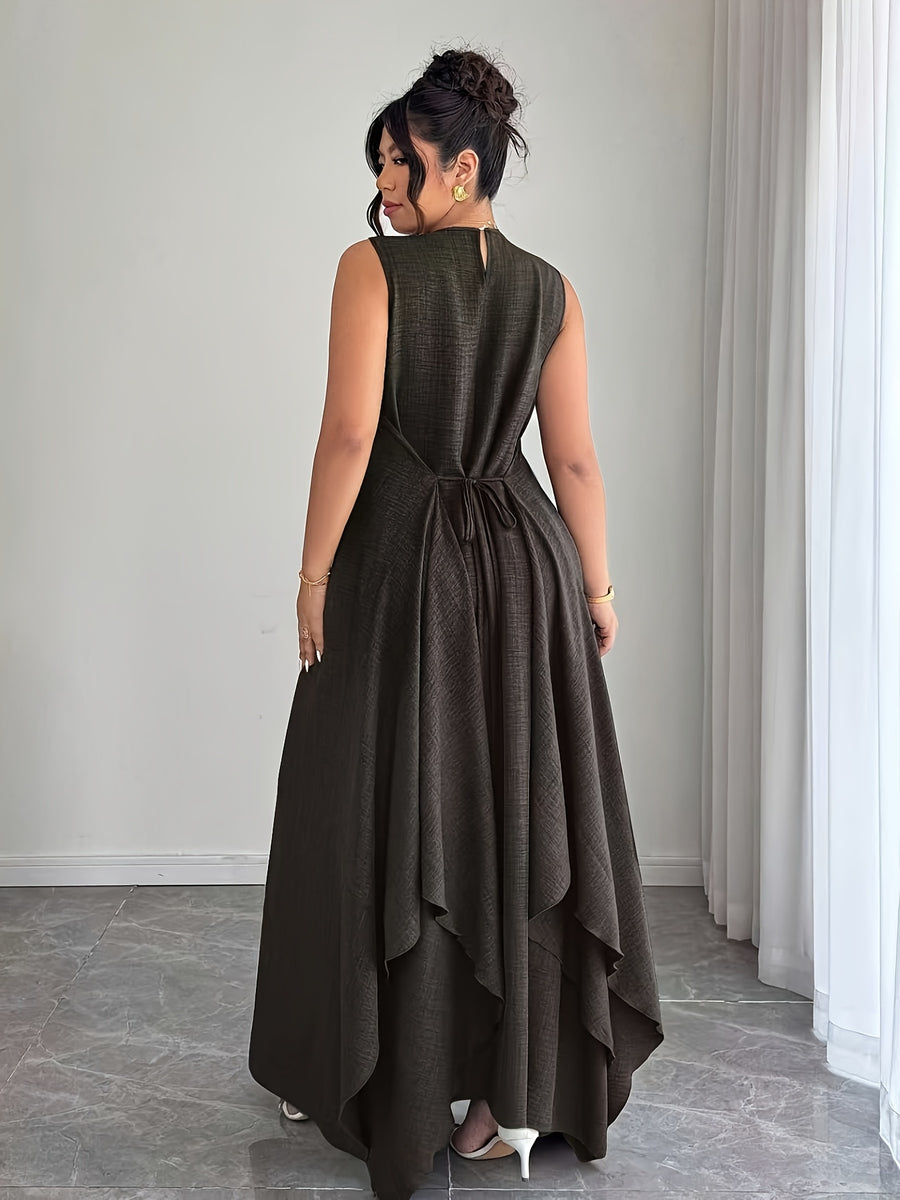 Women'S Elegant Vacation Casual Daily Outerwear Tie-Belt A-Line Asymmetrical Hem Dress - Grey