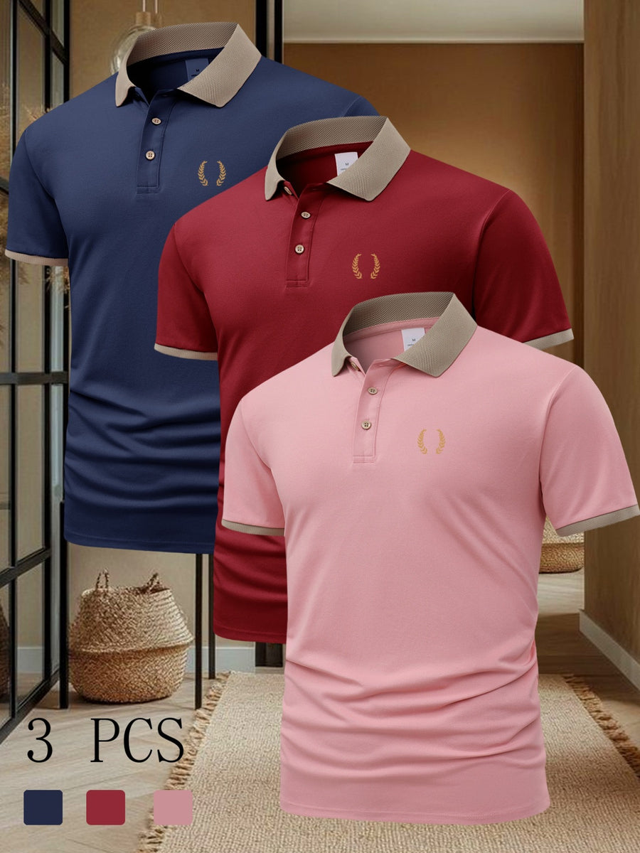 FC660 Wheat Print Pattern 3pcs Set Summer Men'S Casual Short-Sleeved POLO Shirt Lapel Top Fashion Casual Daily Business Top - Navy+Maroon+Pink
