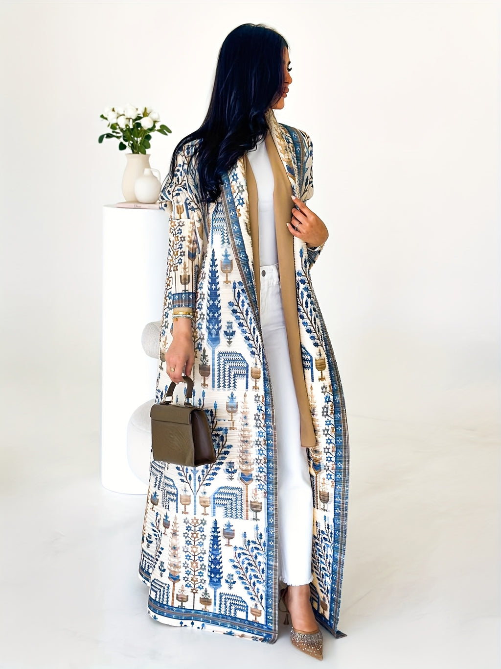 Middle Eastern Fashion Women'S Clothing Eid Abaya Ramadan 2025 Luxury Formal Robe Women Elegant Casual with Belt Open Abaya Pleated Print Long Sleeve Coat Female Clothes Evening Party Prom Ball Gowns - Sky Blue