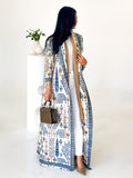 Middle Eastern Fashion Women'S Clothing Eid Abaya Ramadan 2025 Luxury Formal Robe Women Elegant Casual with Belt Open Abaya Pleated Print Long Sleeve Coat Female Clothes Evening Party Prom Ball Gowns - Sky Blue