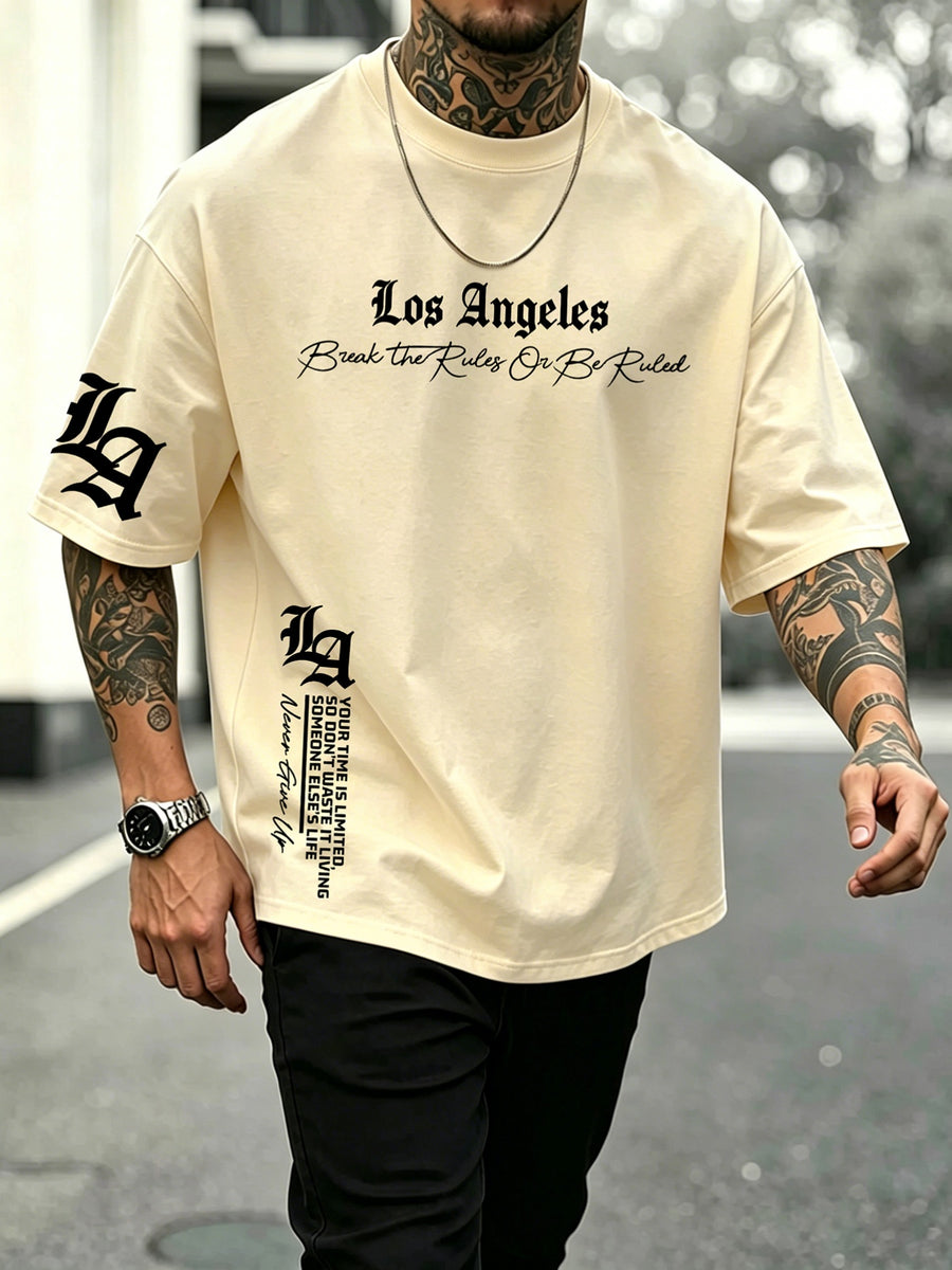 Men's 100% Pure Cotton T-Shirt, Los Angeles Letter Print, Comfortable and Breathable, for Spring/Autumn Casual Daily Wear - Apricot