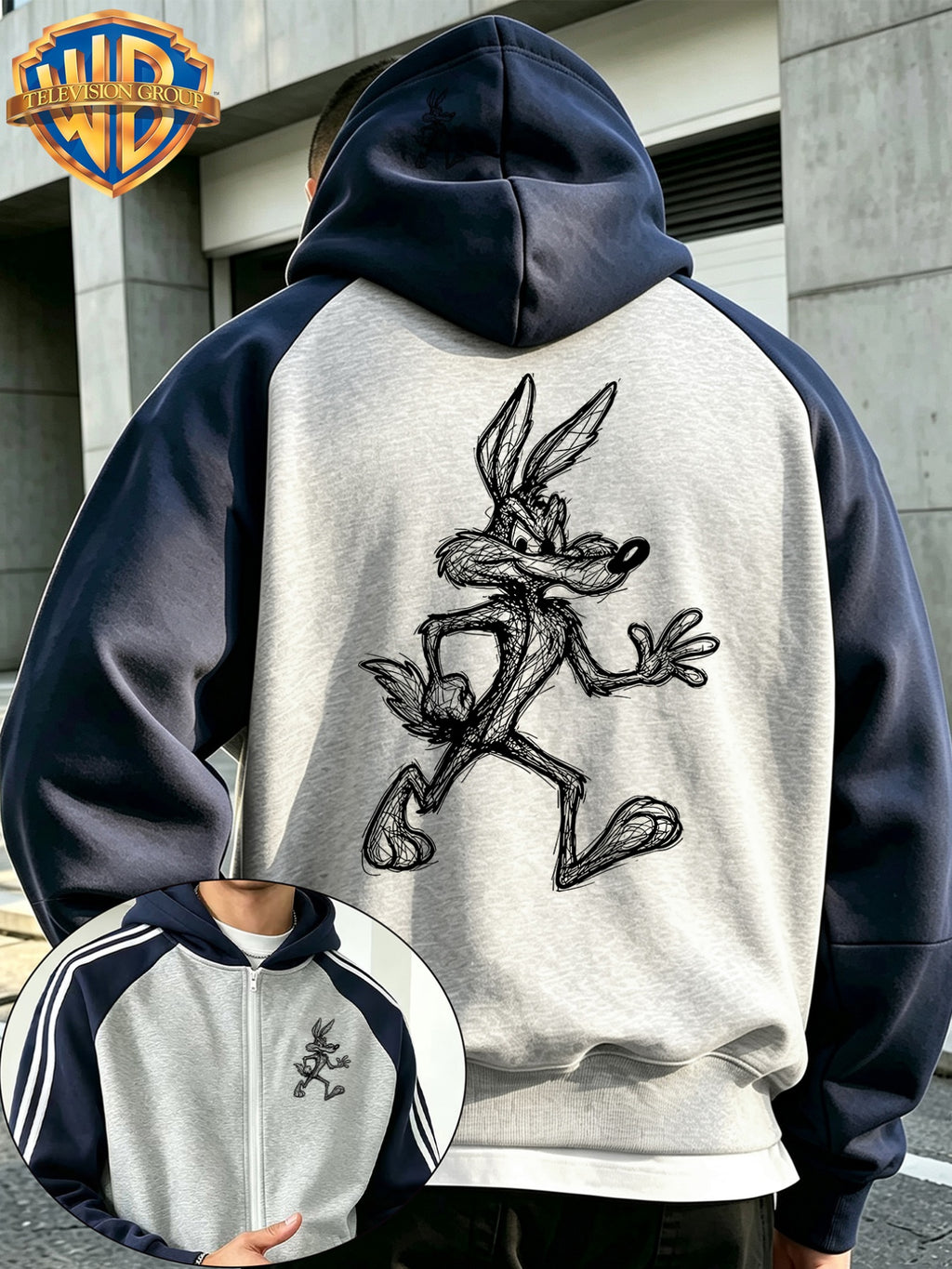 New Autumn/Winter Men's Hooded Jacket, Streetwear Trendy Casual Versatile Color-Block Patchwork Outerwear, Classic Cartoon Rabbit Line Art Graffiti Print, High Street Fashion Brand Loose Fit Couple's Style Sweatshirt, Suitable for Casual Homewear - Light Twist Gray