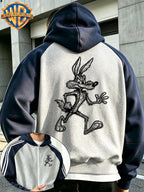New Autumn/Winter Men's Hooded Jacket, Streetwear Trendy Casual Versatile Color-Block Patchwork Outerwear, Classic Cartoon Rabbit Line Art Graffiti Print, High Street Fashion Brand Loose Fit Couple's Style Sweatshirt, Suitable for Casual Homewear - Light Twist Gray