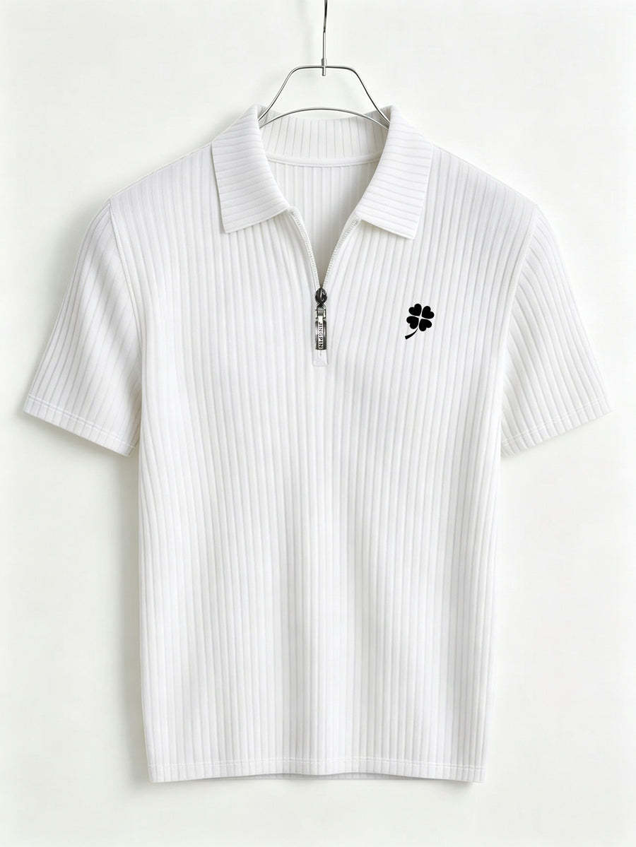 Men's Summer Casual Half-Zip Lapel Outdoor Sports Printed Short-Sleeve Polo Shirt - White