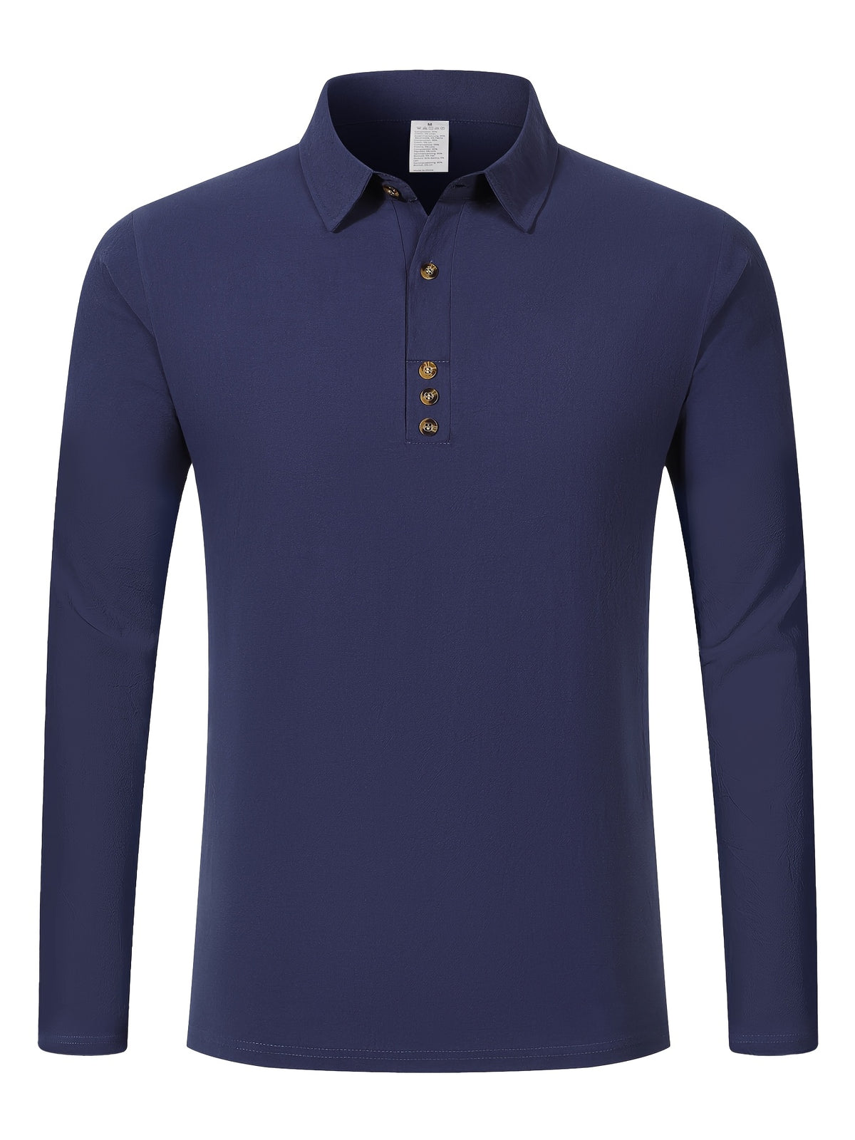 Men's Spring/Summer Solid Color Lapel Long Sleeve Polo Shirt, Half-Open Placket Casual Vacation Top - Navy Color