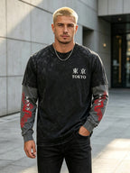 Men'S Faux Two-Piece Long Sleeve T-Shirt, Vintage Washed Easy Design Statement Print Contrast Gray Sleeve Top, American Street Loose Casual Long Sleeve T-Shirt - Black