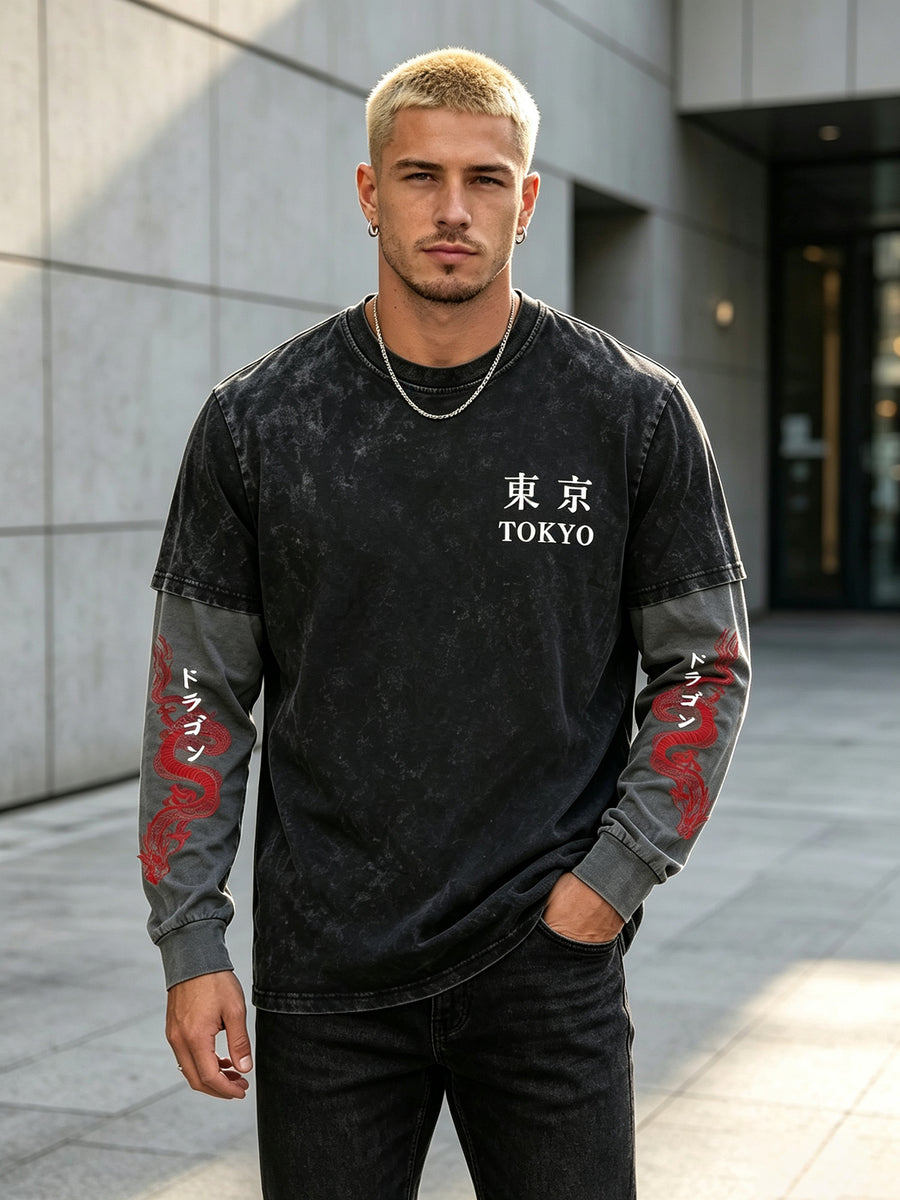 Men'S Faux Two-Piece Long Sleeve T-Shirt, Vintage Washed Easy Design Statement Print Contrast Gray Sleeve Top, American Street Loose Casual Long Sleeve T-Shirt - Black
