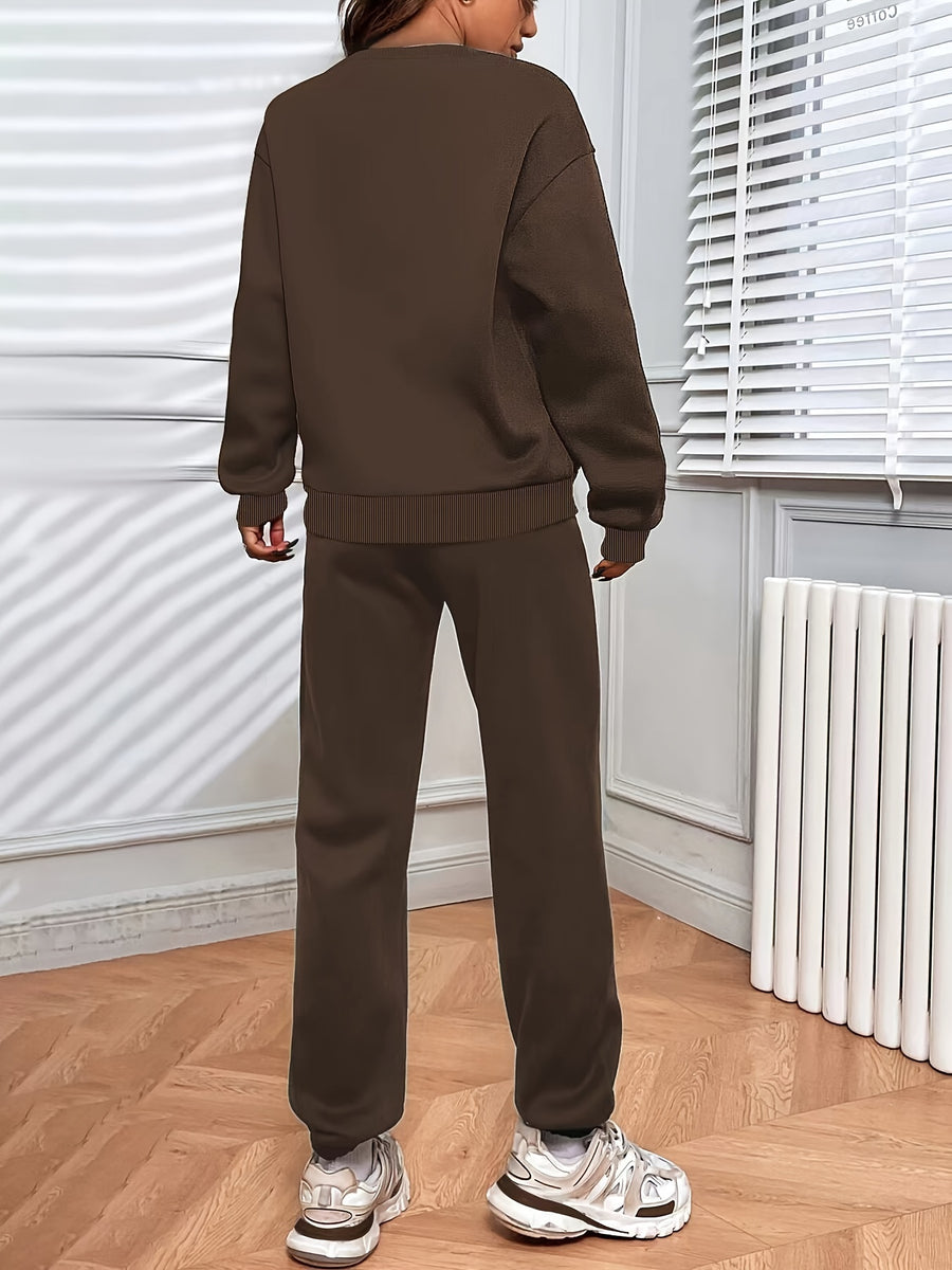 New Women'S Casual Fashion Printed Thickened Sweatshirt Set - Coffee Color