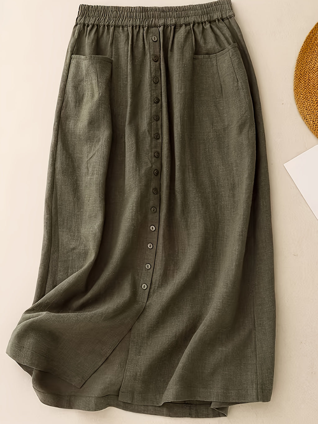 Vintage Women's Summer Elastic High-Waist A-Line Skirt with Button Placket, Draped Design, Wilderness-Inspired - Green