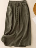 Vintage Women's Summer Elastic High-Waist A-Line Skirt with Button Placket, Draped Design, Wilderness-Inspired - Green