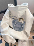 American Street Fun In-Bag Cat Letter Print Long Sleeve Hooded Fleece Sweatshirt Women Men Autumn Winter Loose Couple High Street Trendy Brand Versatile Hoodie Top - Granny Gray