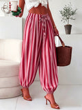Women' Elegant Striped Tapered Wide- Pants - Cuffed Ankle & Long Length Trousers Suitable for Spring Summer Fall, Striped Trousers for, Semi-Formal & Casual Attire, Machine Washable Non-Stretch Pants - Rose Red Strip