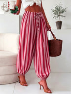 Women' Elegant Striped Tapered Wide- Pants - Cuffed Ankle & Long Length Trousers Suitable for Spring Summer Fall, Striped Trousers for, Semi-Formal & Casual Attire, Machine Washable Non-Stretch Pants - Rose Red Strip