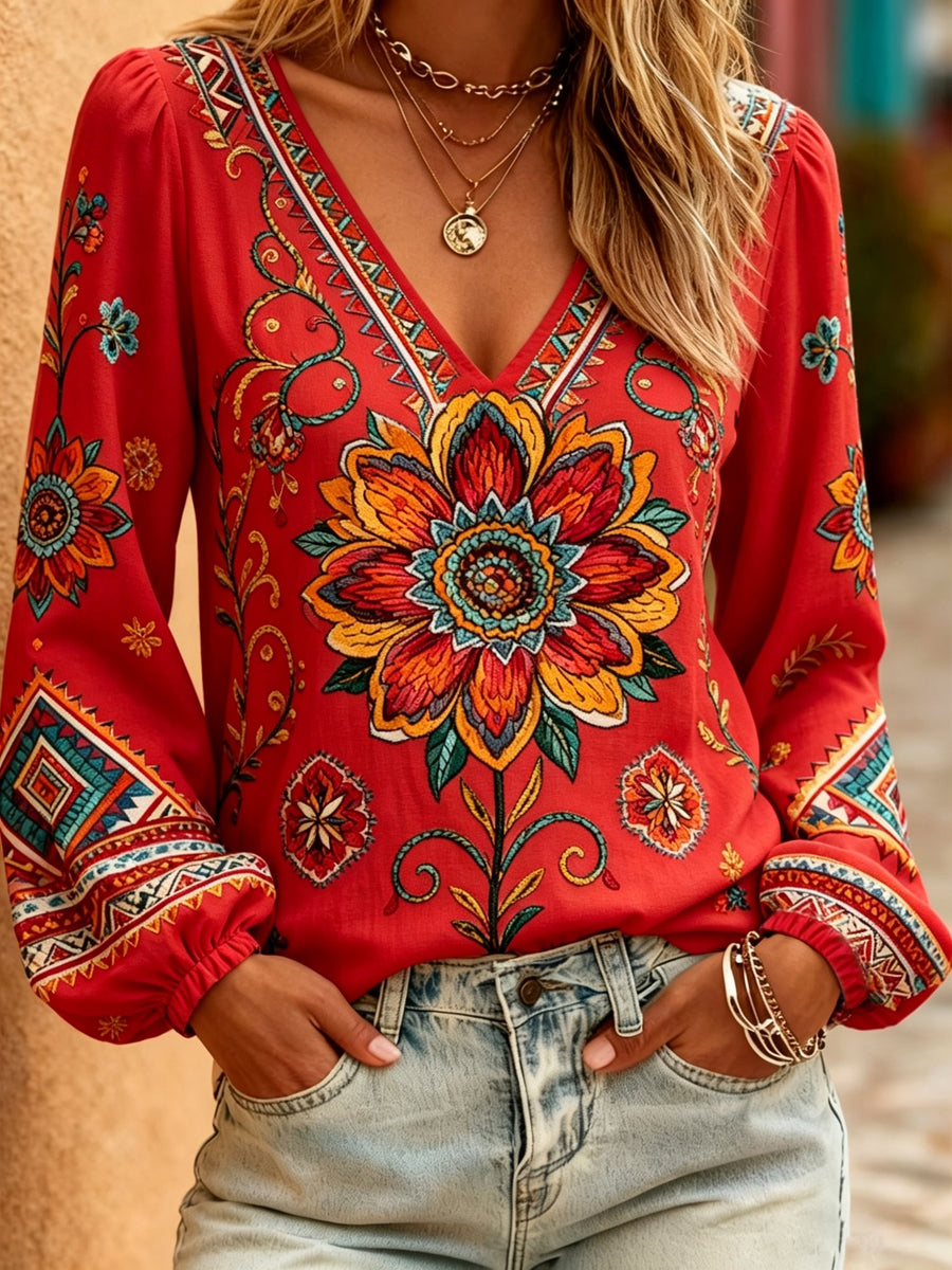 Casual Temperament Elegant Fashion Design Vacation Charm Vintage Long Sleeve V-Neck Printed Top, Vacation Commute All-Match Fashion Top, Women'S Clothing - Red