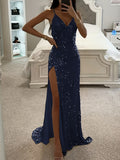 Women's Elegant Sequin Spaghetti Strap Asymmetrical Ruffle Hem High Slit Birthday Party Banquet Bridesmaid Dress - Navy Color
