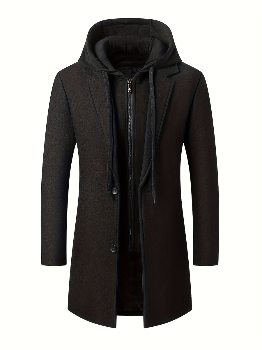 Pearson OBM Youth Men's Student Korean-Style Casual Tweed Wool Blend Overcoat, Mid-Length with Detachable Hood, Trendy Outerwear for Men - Black