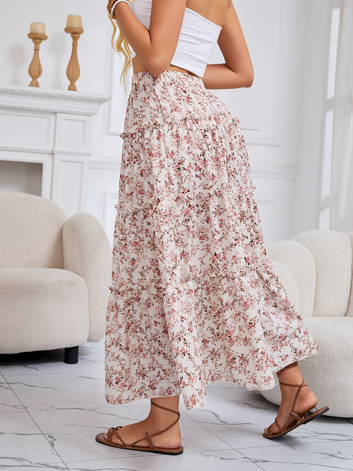 Women'S Spring And Summer Holiday Floral Print A-Line Skirt - Apricot