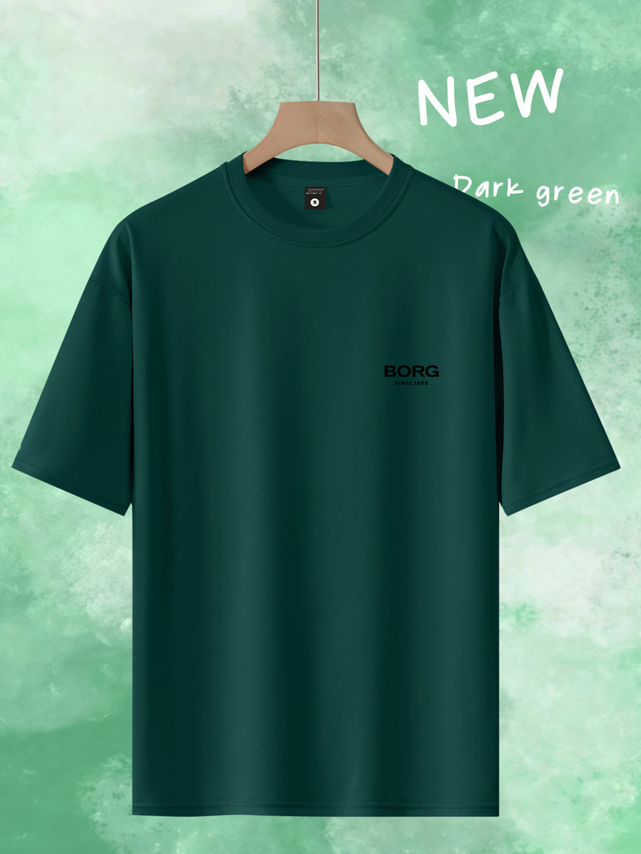 Men's Trendy Loose-Fit Crew Neck T-Shirt, Casual Daily Short-Sleeve Tee, BORG 1956 Vintage Letter Print, Simple and Versatile Top, Suitable as a Gift - Dark Green