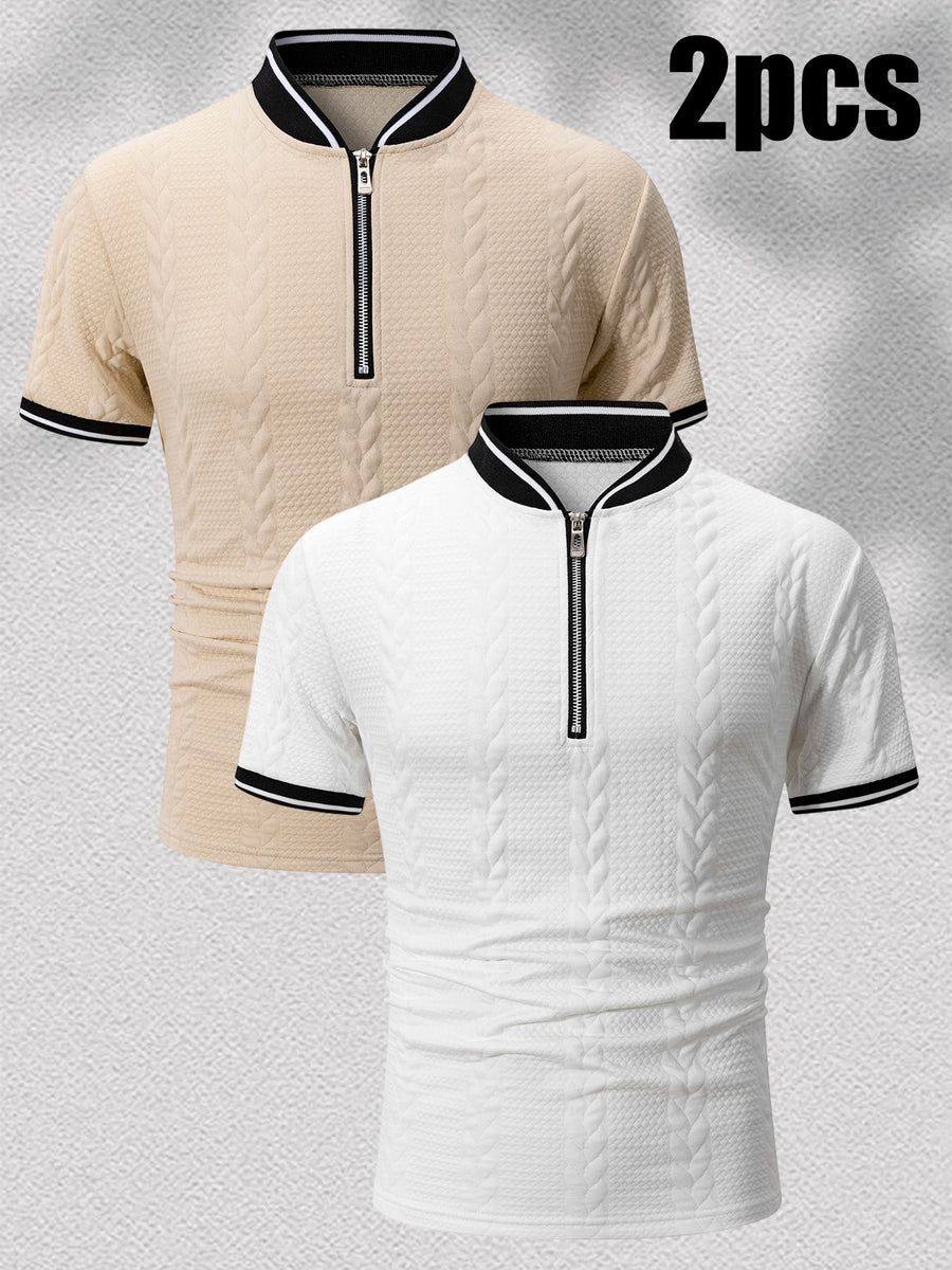 2pcs Men'S Ribbed Half-Zipper Short Sleeve Polo Shirts, Textured Knit Breathable T-Shirts, Commute Vacation Sports Casual Stand-Up Short Sleeves, Contrast Trim Collar And Cuffs, Zippered Placket Design, Suitable for Summer Casual/Commute/Date Wear - Off-white+khaki