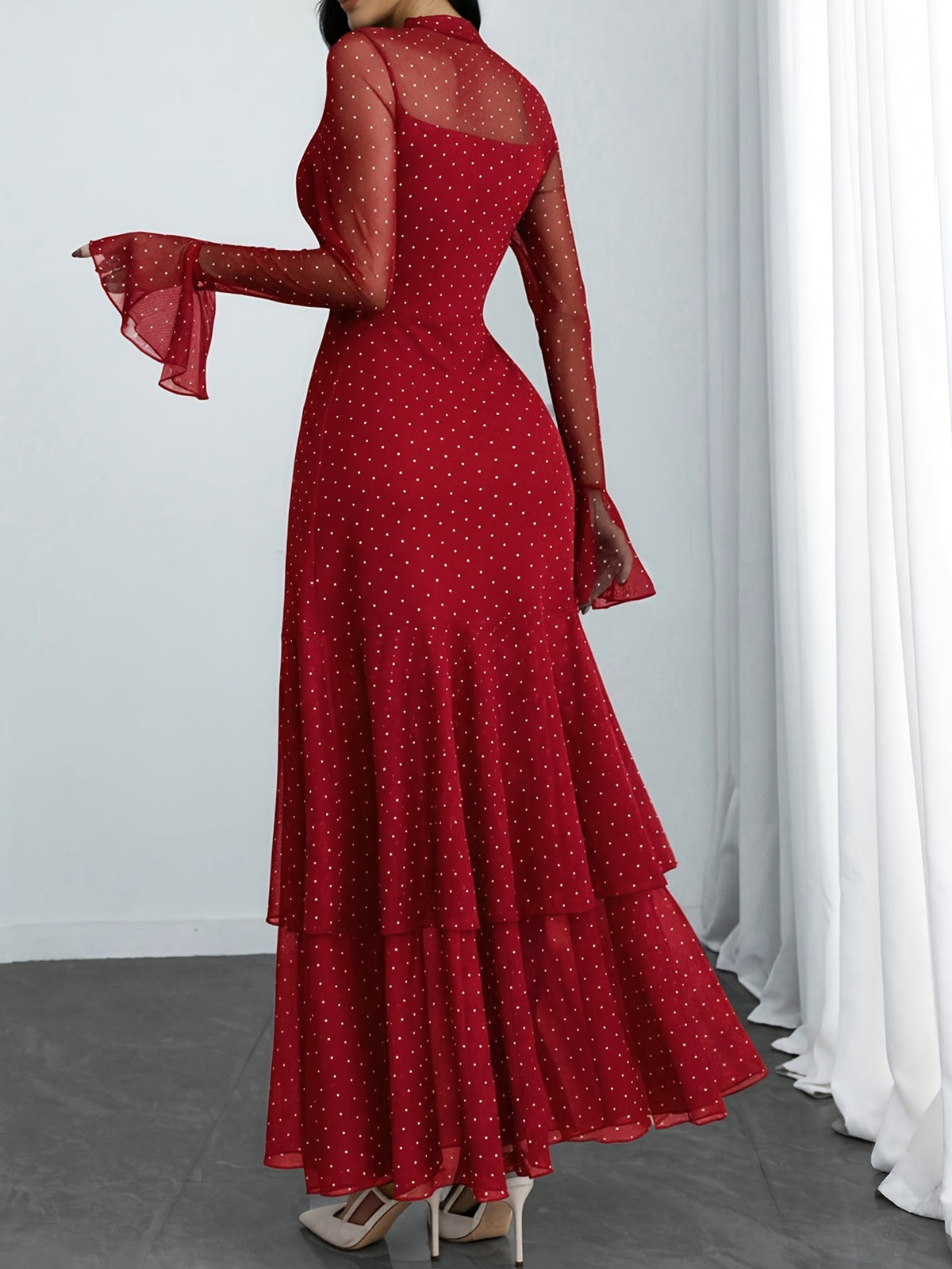 Women'S Romantic Sexy Elegant Modern Polka Dot Printed Stand Collar, Waist Double Slit Multi-Layered Skirt Dress, Suitable for Dates, Vacations, And Casual Wear, Belt Not Included - Red
