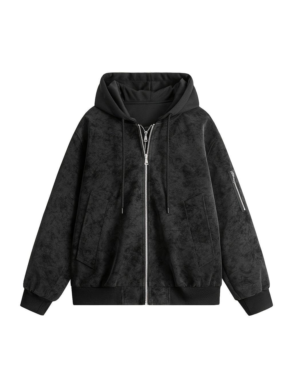 Men's Vintage Washed Layered Hooded Bomber Jacket, Distressed Faux Zip Up Coat, Loose Fit Streetwear Casual Outerwear with Arm Pocket - Black