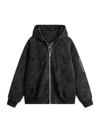 Men's Vintage Washed Layered Hooded Bomber Jacket, Distressed Faux Zip Up Coat, Loose Fit Streetwear Casual Outerwear with Arm Pocket - Black