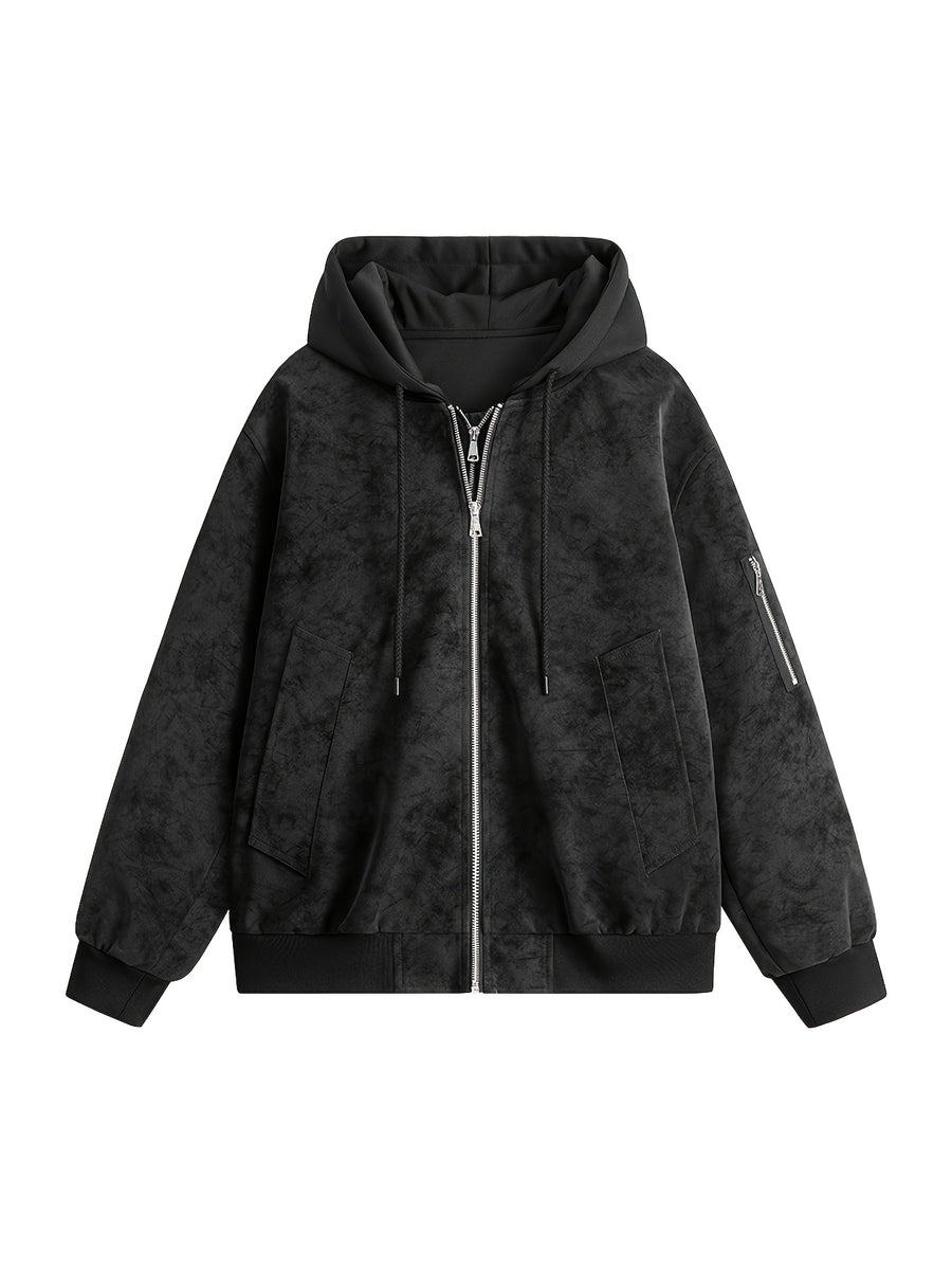 Men's Vintage Washed Layered Hooded Bomber Jacket, Distressed Faux Zip Up Coat, Loose Fit Streetwear Casual Outerwear with Arm Pocket - Black