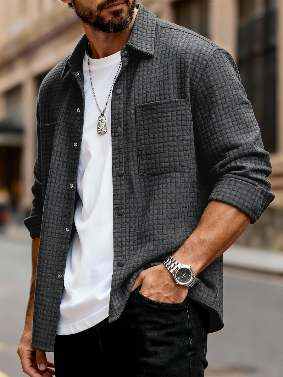 Men's Casual Solid-color Long-sleeve Shirt, Made of Comfortable Waffle-knit Fabric, Featuring a Double Chest Pocket Design, Front Button Placket, and a Loose-fit Lapel Open-front Cardigan Top, Suitable for Daily Wear and Commuting in Spring - Dark Gray