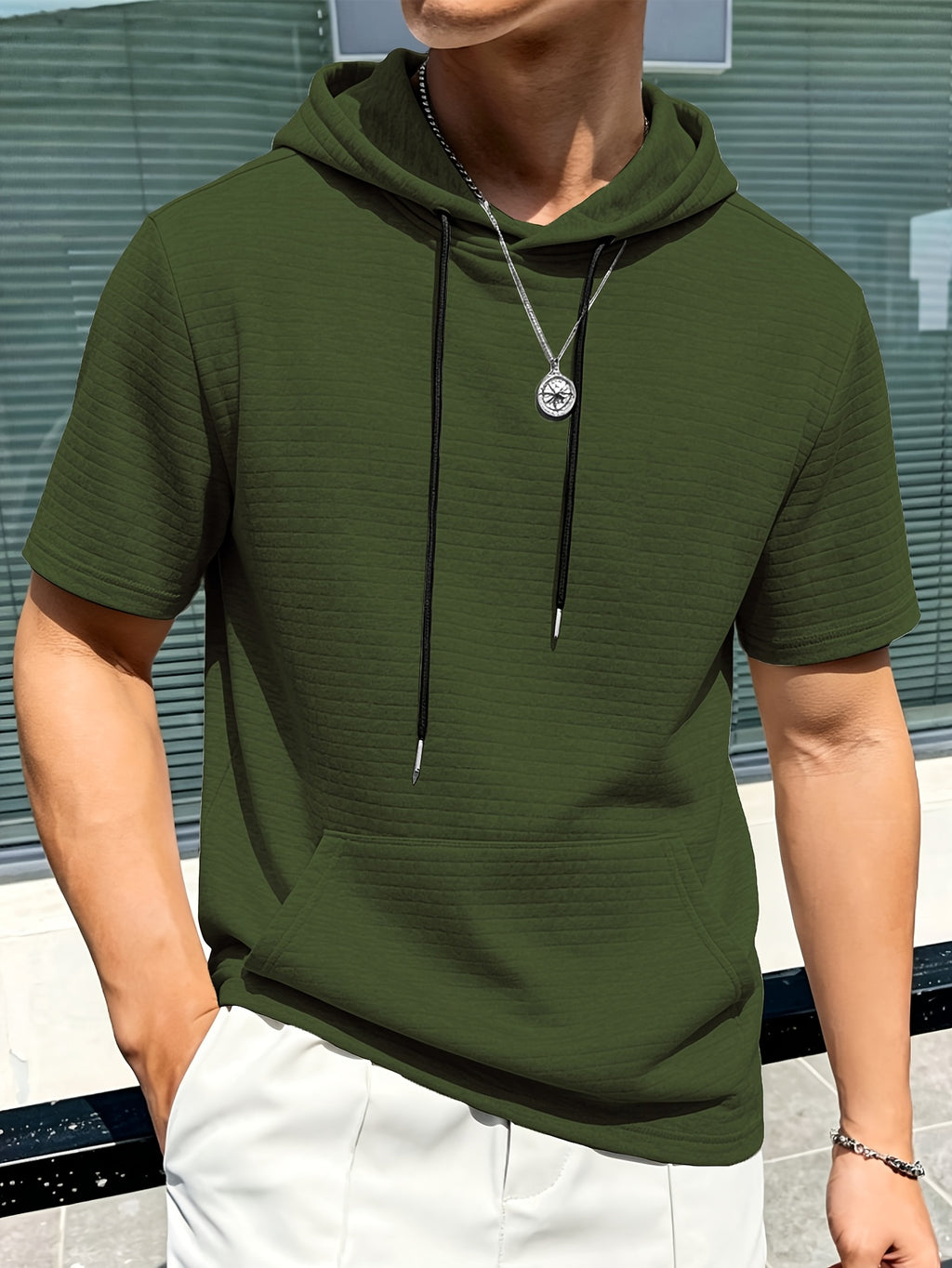Men's Short-Sleeve Hoodie with Plaid Texture - Solid Color Hooded, Machine Washable Summer Casual Wear Suitable for Daily Outings, Gifts, Commemorative Present for Friends, Versatile Layering for Warmth (Regular Fit) - fern green