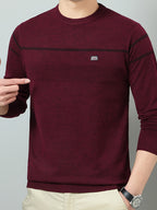 Men's Solid Gray Striped Crewneck Lightweight Knit Sweater, Featuring a Basic Crewneck Design, Ribbed Cuffs, and a Slim-fit Slightly Relaxed Silhouette. Suitable for Young Adults and Middle-aged Men, Ideal for Both Commuting and Daily Casual Wear - Red