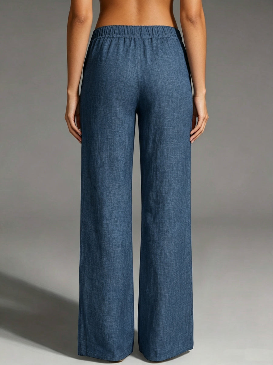 Women's Dusty Blue Straight-Leg Tapered Pants with Elastic Waist - Solid Color Non-Stretch Suitable for Daily Wear, Beach Parties & Autumn Holidays, Casual Solid Color Pants for Spring Summer Fall Outfits - Navy Color