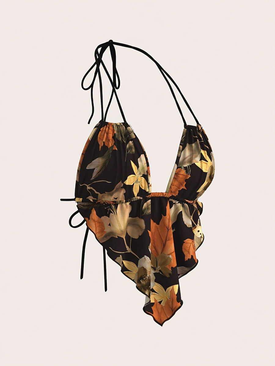 Women'S Floral Halter Drawstring Backless Sexy Camisole, Wavy Hem Heart-Shaped Tank Top - Multicolor