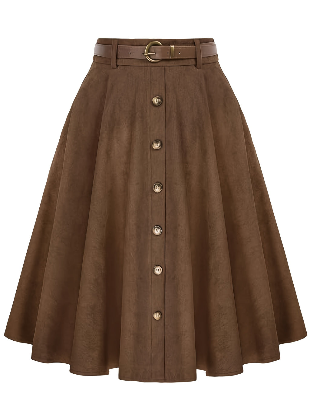 Women's Knee-Length Vintage Button-Waist A-Line Holiday Commute Corduroy Elegant Autumn/Winter Casual Skirt with Free Belt - Dark Brown
