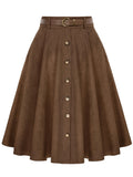 Women's Knee-Length Vintage Button-Waist A-Line Holiday Commute Corduroy Elegant Autumn/Winter Casual Skirt with Free Belt - Dark Brown